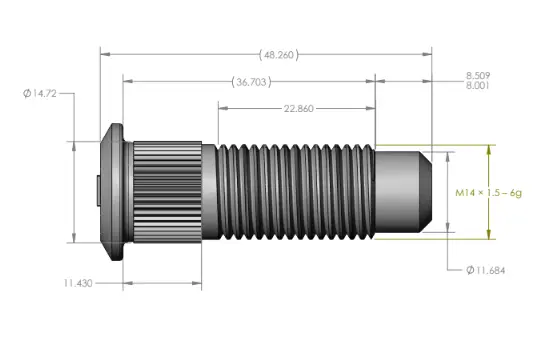 STUD, 14MM X 1.5 X 48MM LONG, WITH STARTER LEAD, 36 MM OF THREAD